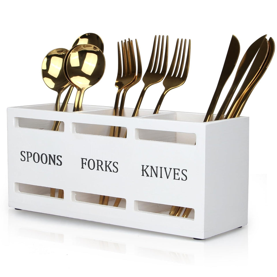 Ayiaren wooden-silverware-holder on a dining table showing natural wood grain and sturdy build.