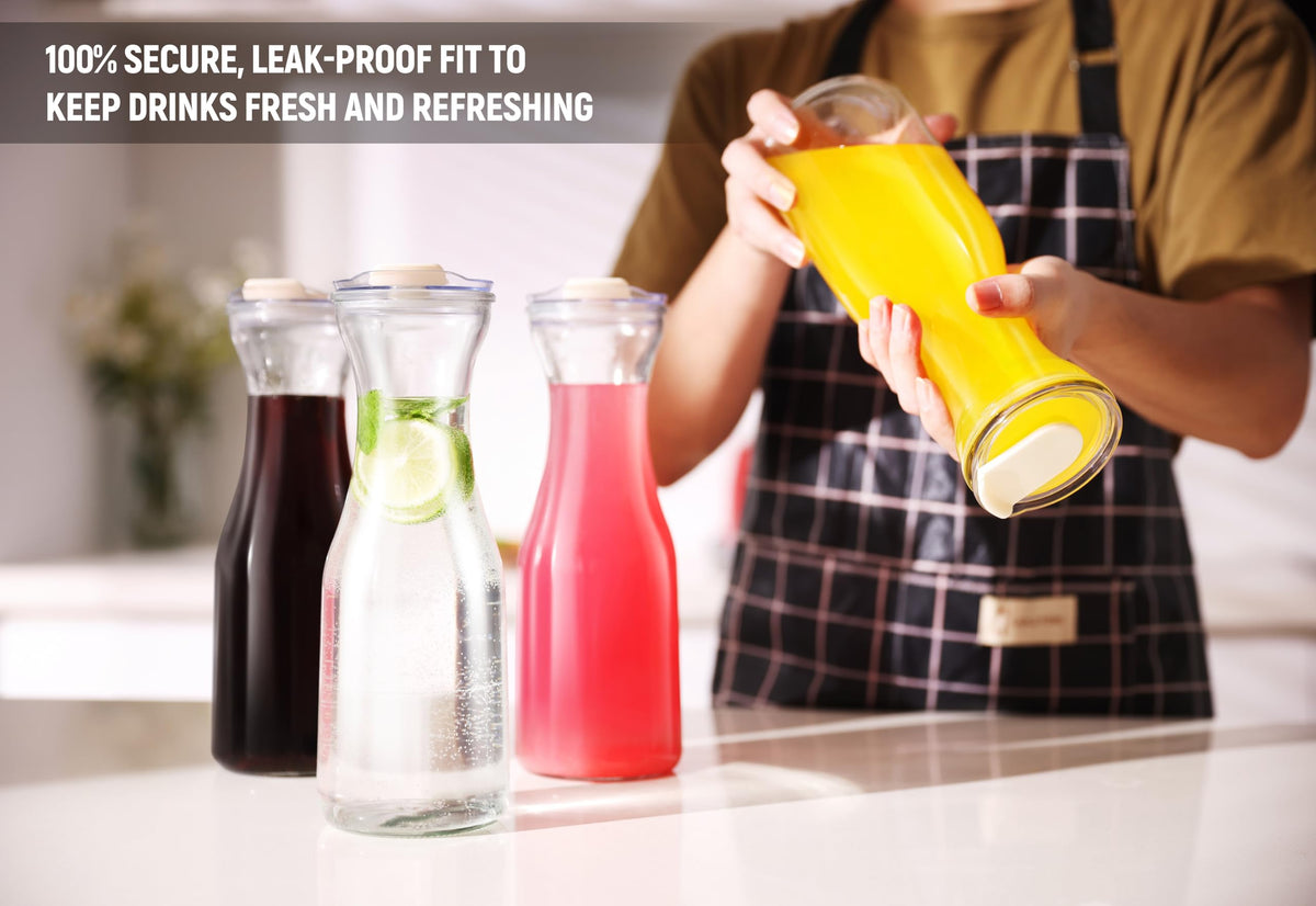 AYL fridge-ready carafes with lids save space in the fridge.