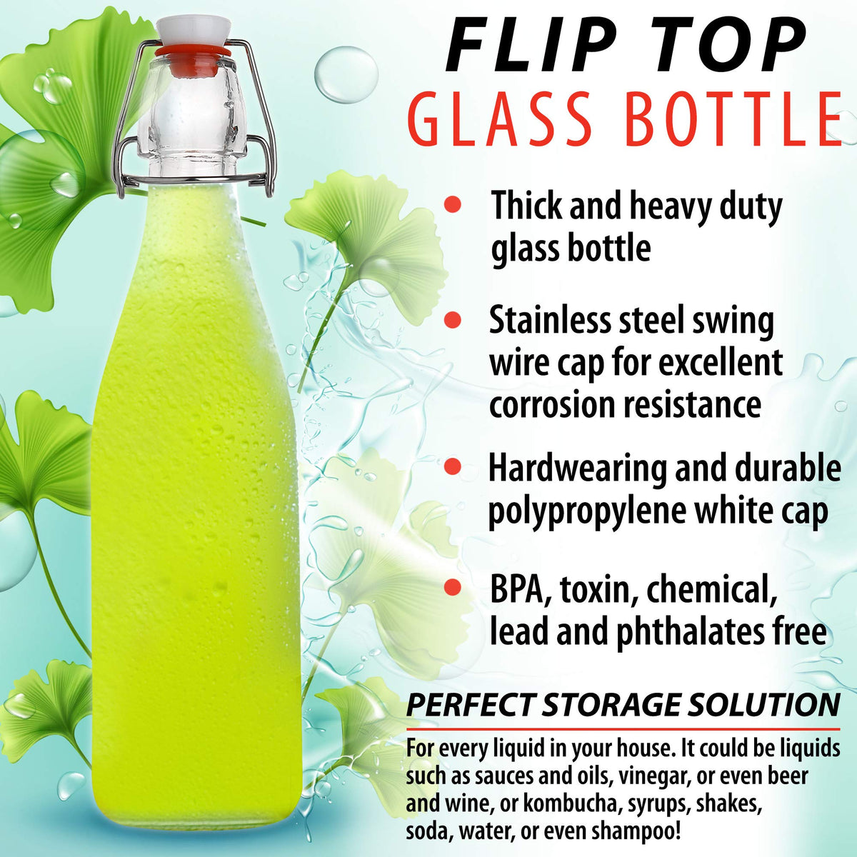 AYL swing-top bottle 16oz leak-proof cap emphasizes freshness and spill protection.
