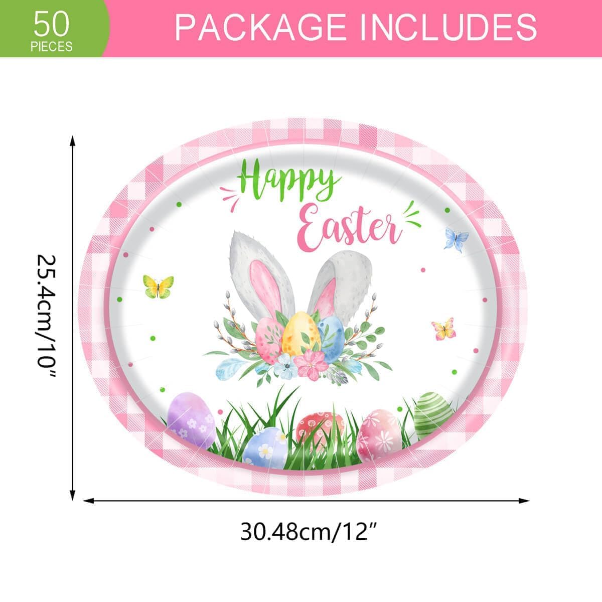 Aysimple buffalo plaid Easter design on plates enhances brunch decor.