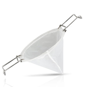 AYUSEB 10-inch cone filter bag mounted on a deep fryer frame for cleaner oil.