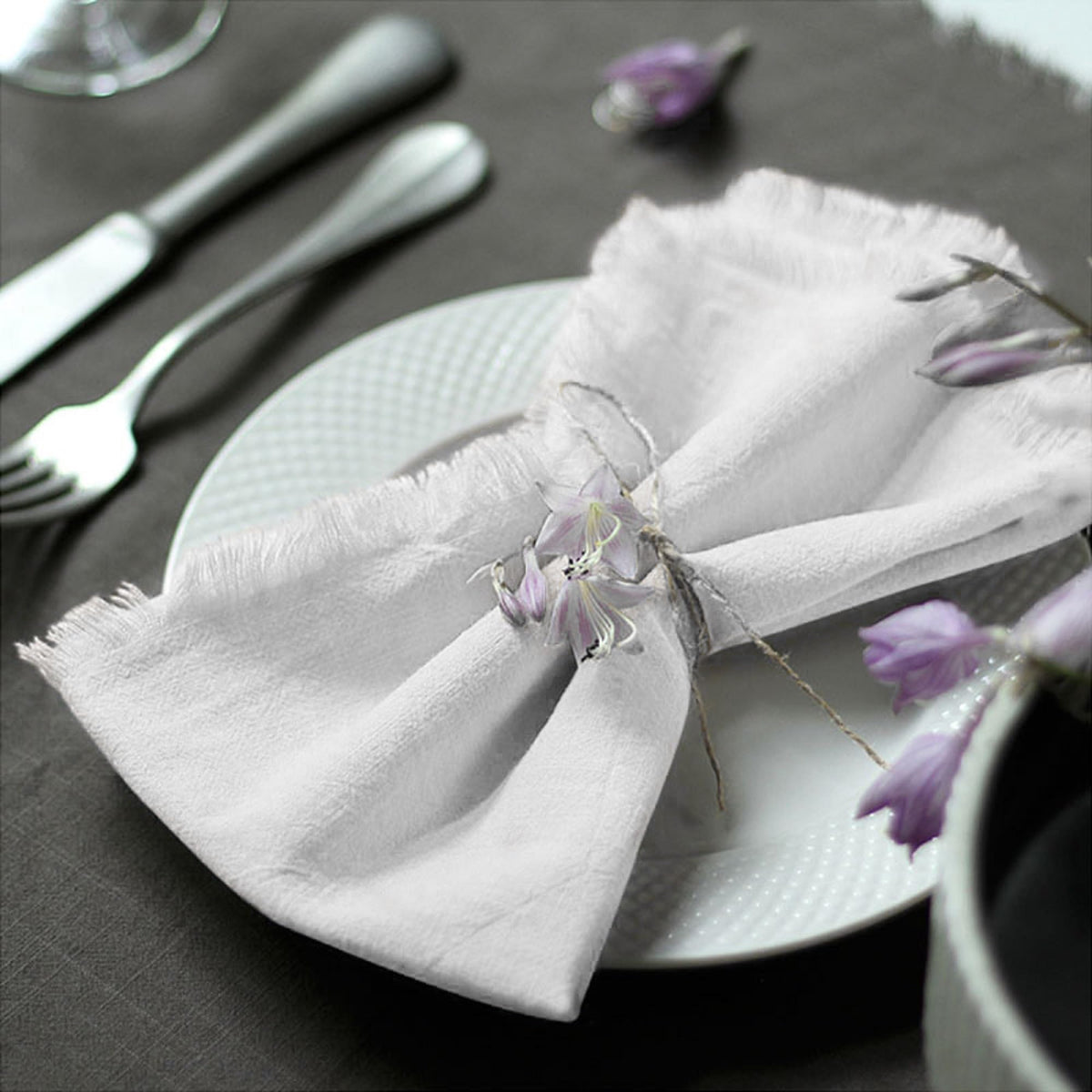 Ayuzawa handmade napkins with 18x18 fringe in white for elegant table decor