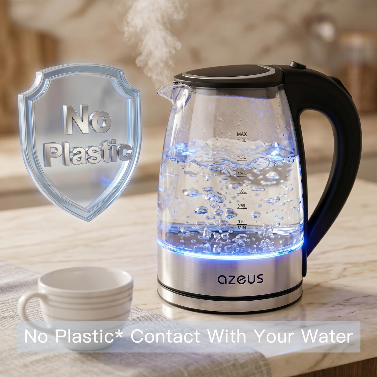 AZEUS 1.8L kettle with auto shut-off for safe, effortless use.