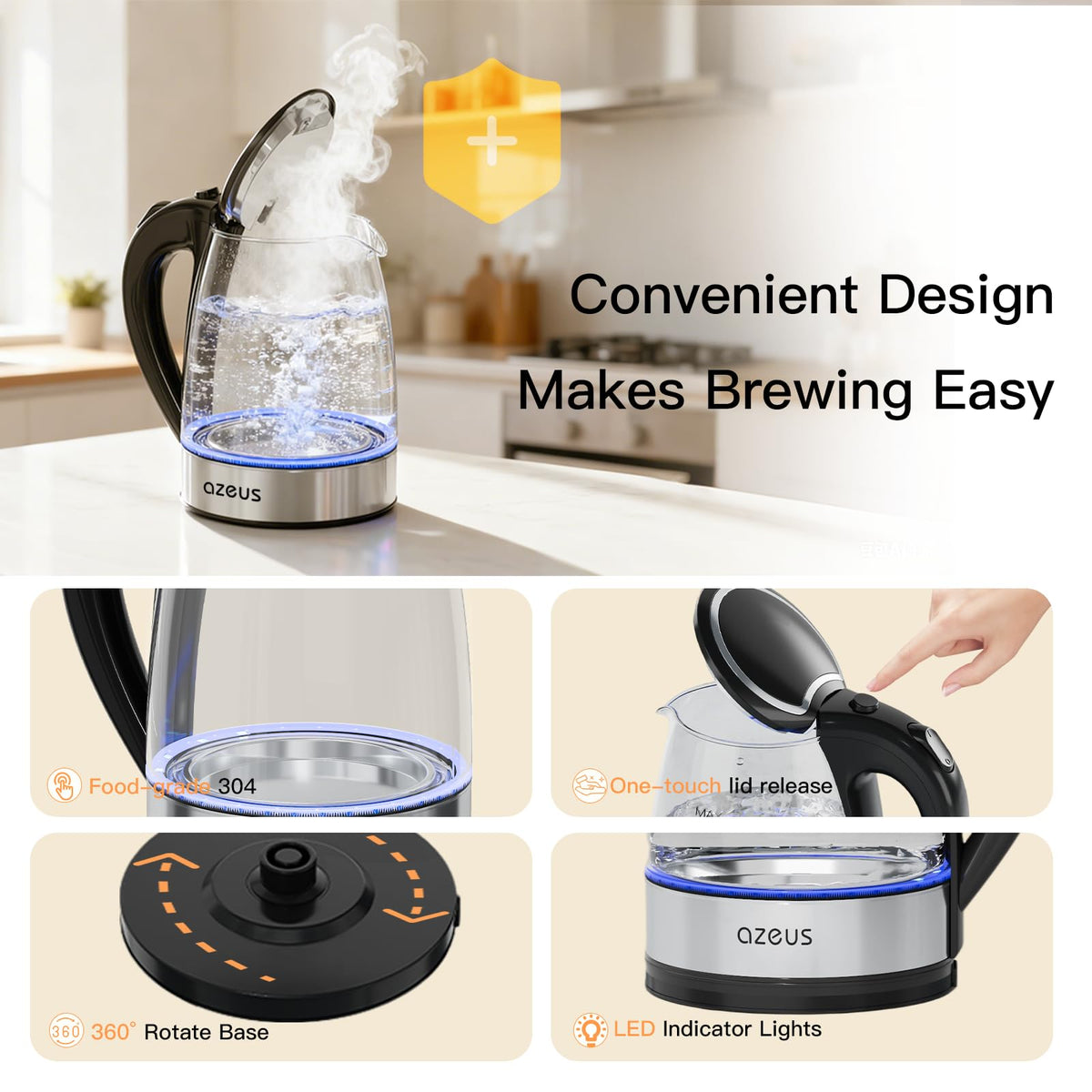 AZEUS fast boil kettle with 360 degree swivel base for convenience.