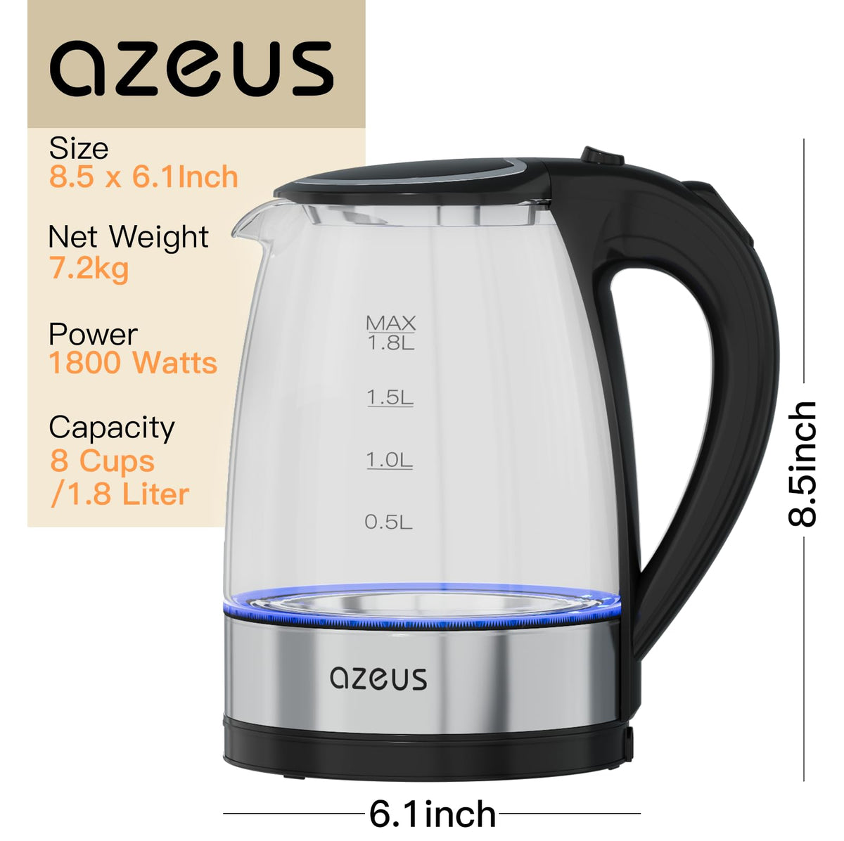 AZEUS fast boil kettle boil-dry protection prevents overheating when empty.