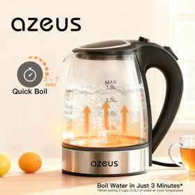 AZEUS fast boil kettle highlighting glass and stainless construction.