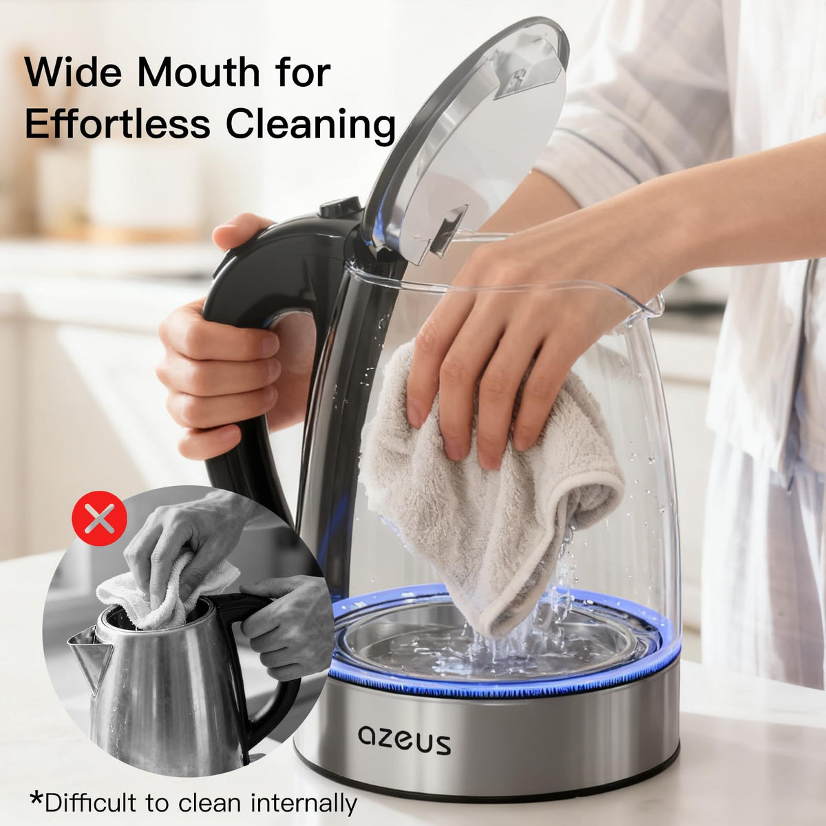 AZEUS fast boil kettle wide opening for easy refilling and cleaning.