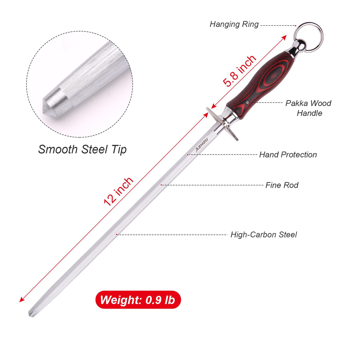 Azhou sharpener with Pakka wood handle for comfortable sharpening control.