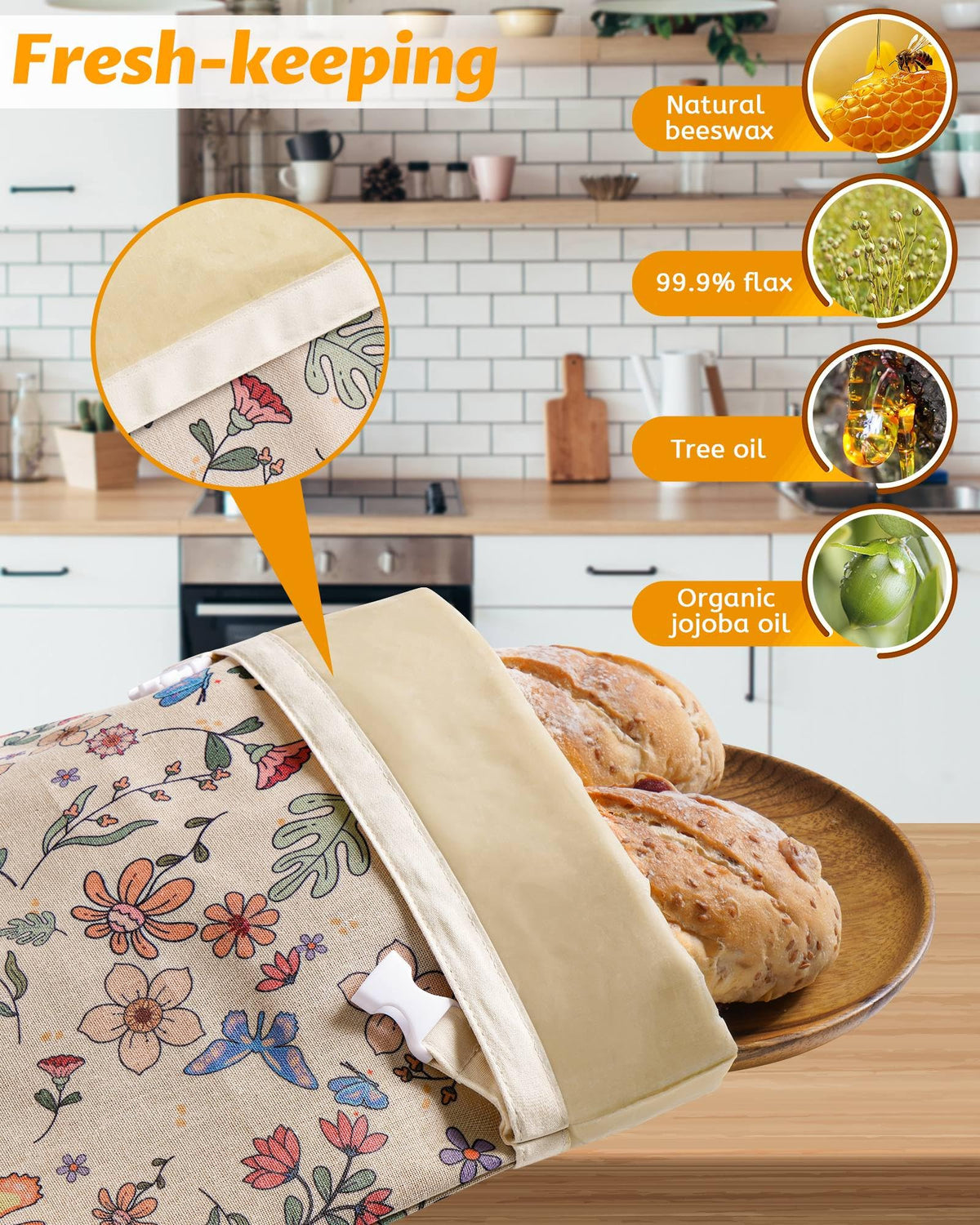 AZLTC beeswax bread bag open-top view showing easy loaf insertion