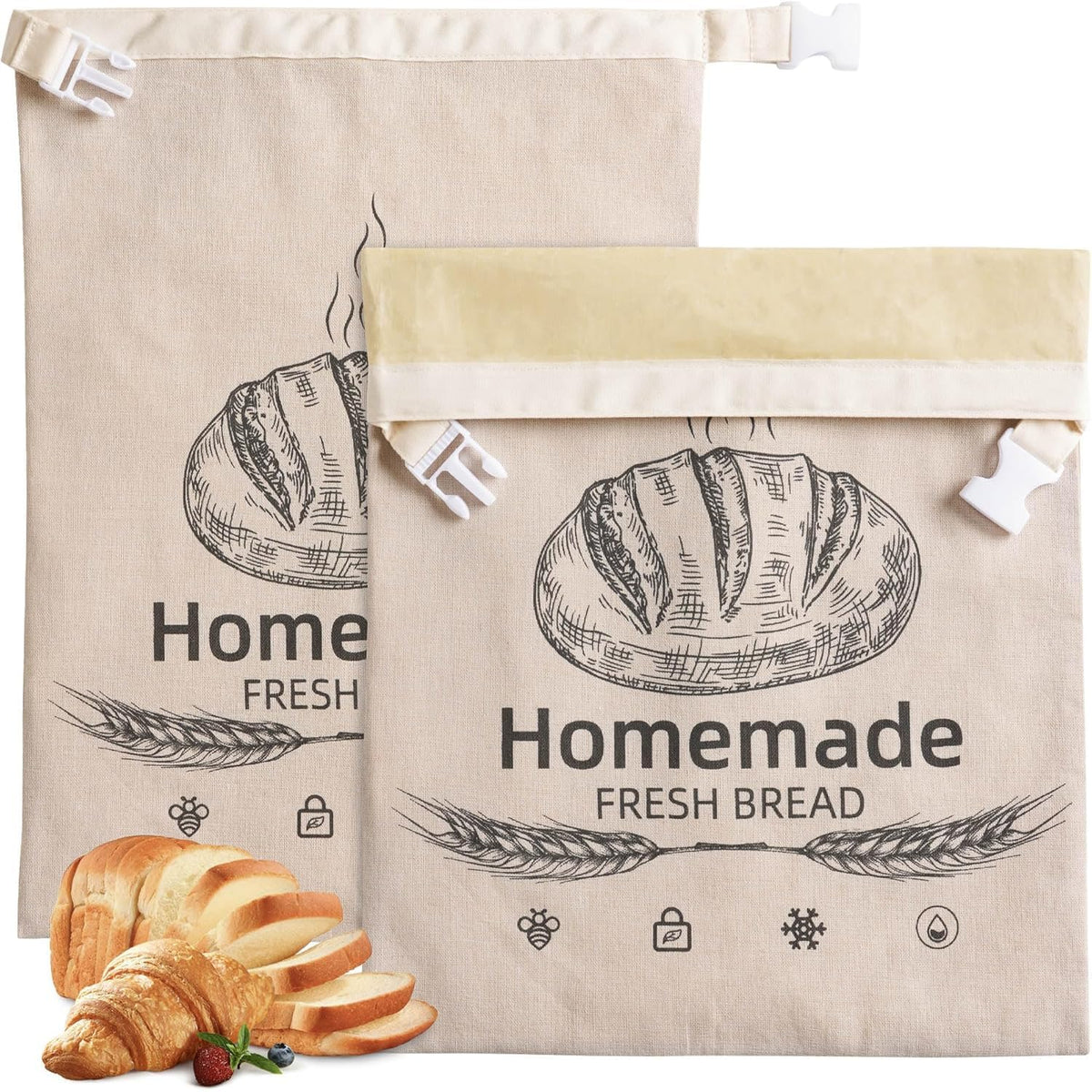 AZLTC beeswax bread bags two-pack unfolded, spacious for fresh loaves.