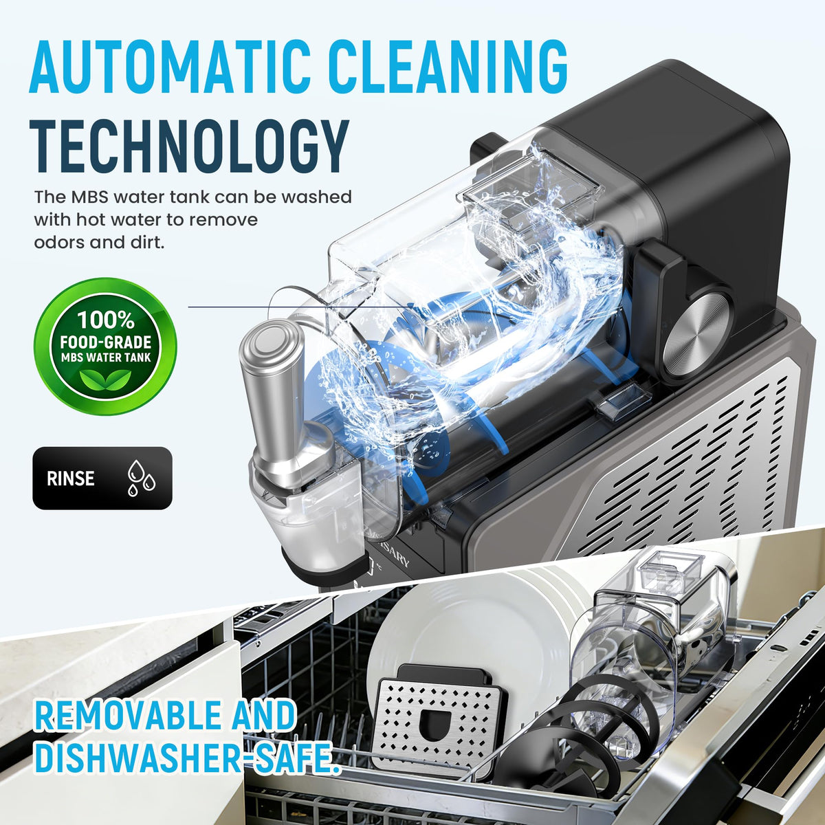 Azmsary self-cleaning mode with dishwasher-safe parts for easy cleanup.