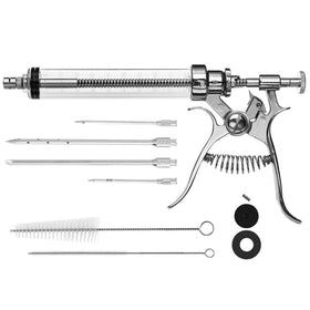 Azolize meat injector case and booklet showing organized storage and tips.