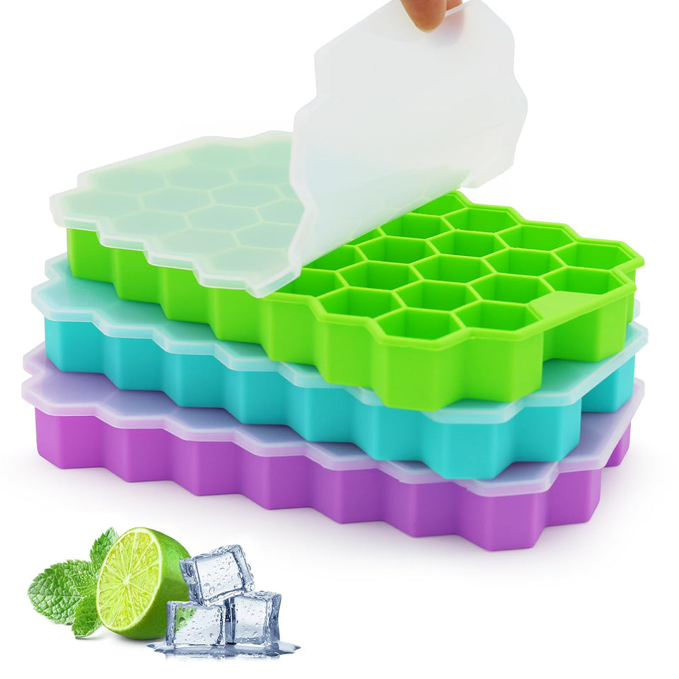 Azyh ice cube trays with lid showing 37-grid design for clean freezer storage and easy release