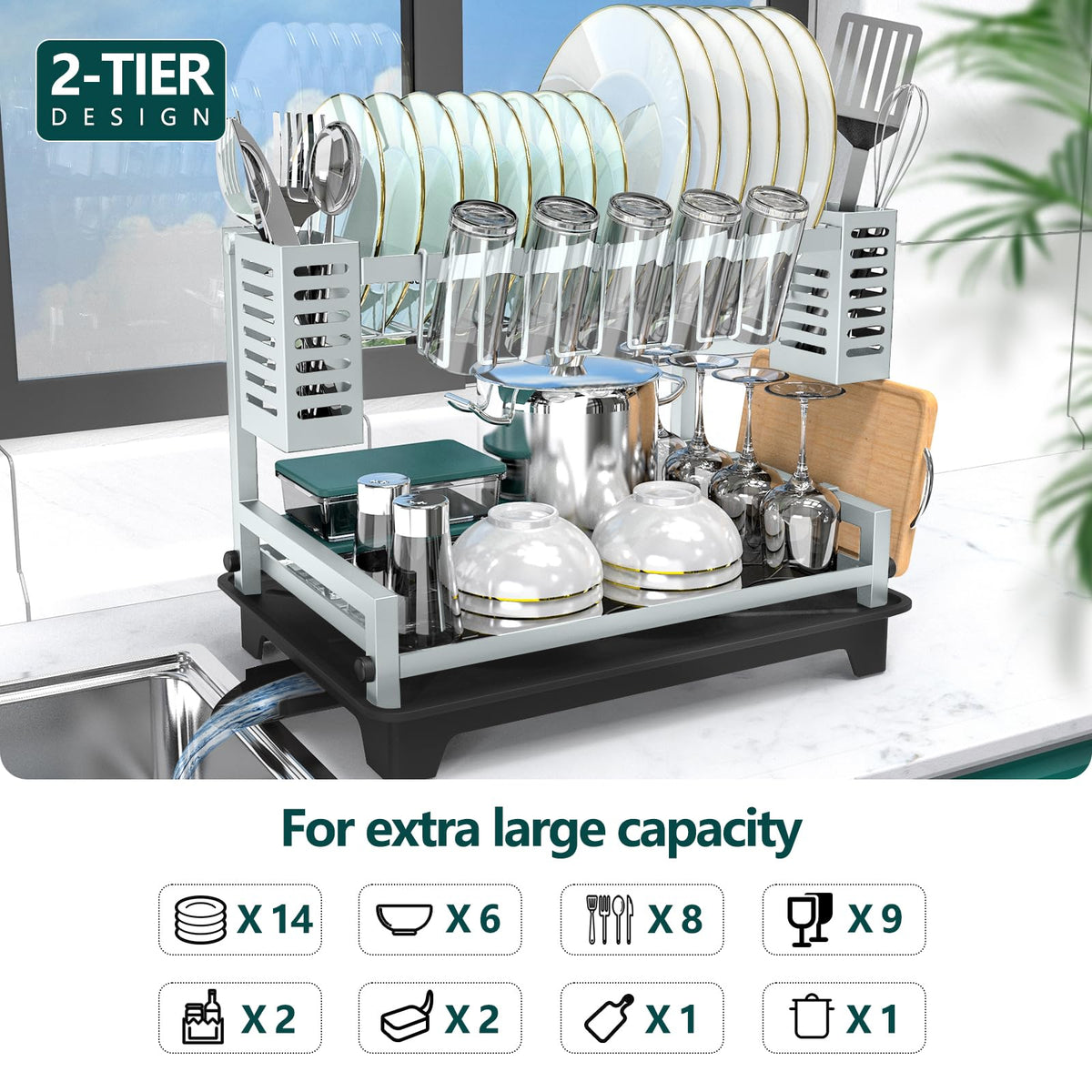 B-Land dish drying rack 2-tier capacity for plates and bowls.