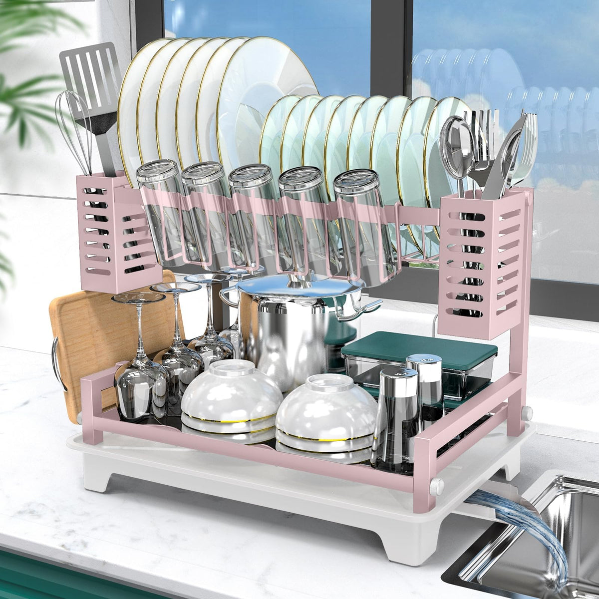 B-Land dish drying rack with automatic drainage and drainboard for easy water disposal