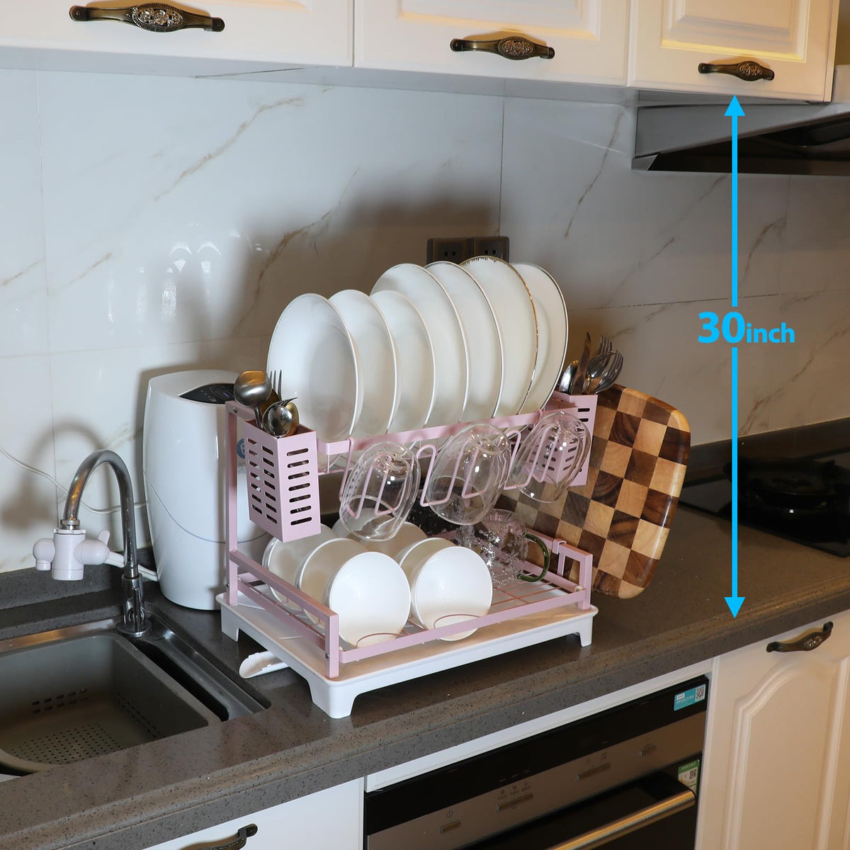 Side racks store utensils, cups, and cutting boards in an organized B-Land rack