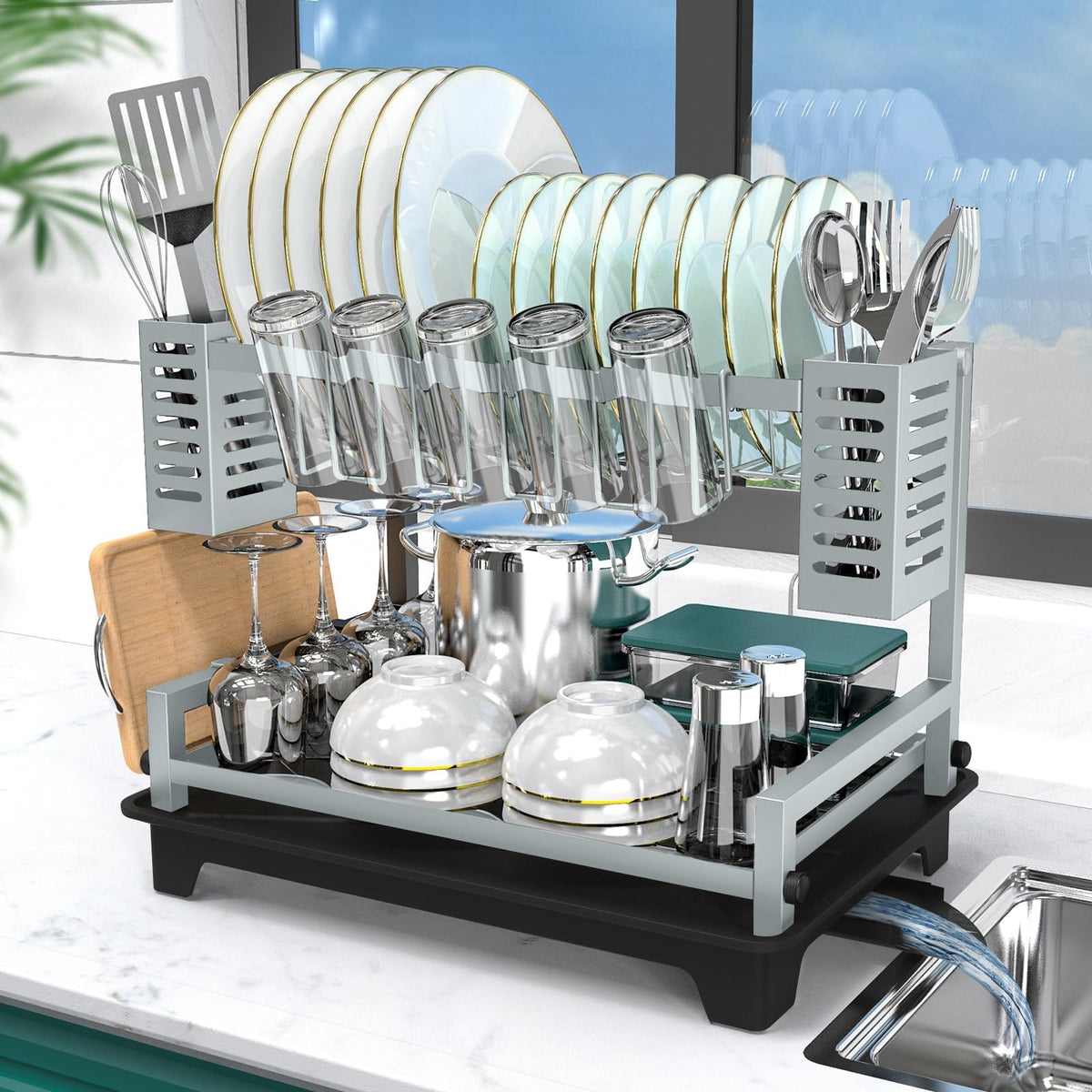 B-Land dish drying rack top view with drainboard for efficient water drainage.