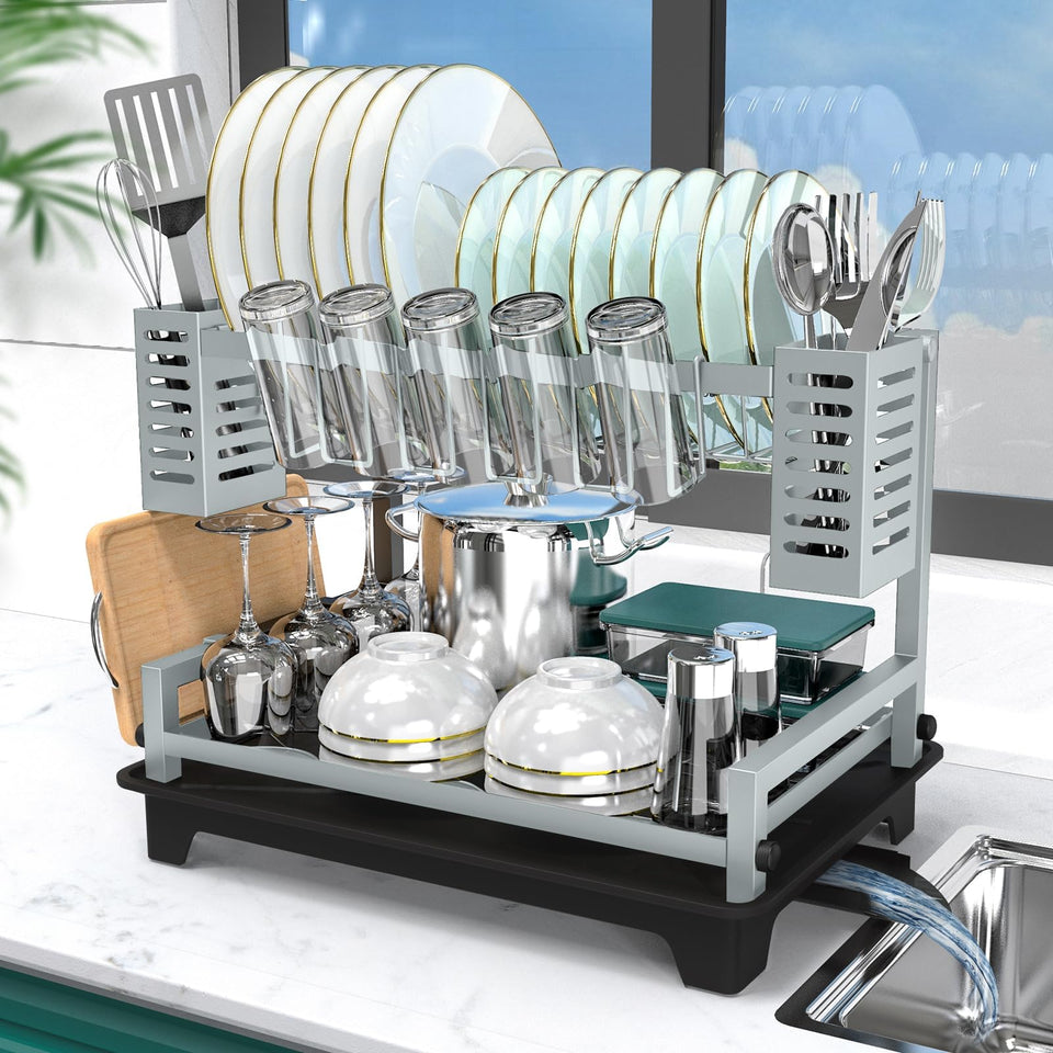 B-Land dish drying rack top view with drainboard for efficient water drainage.