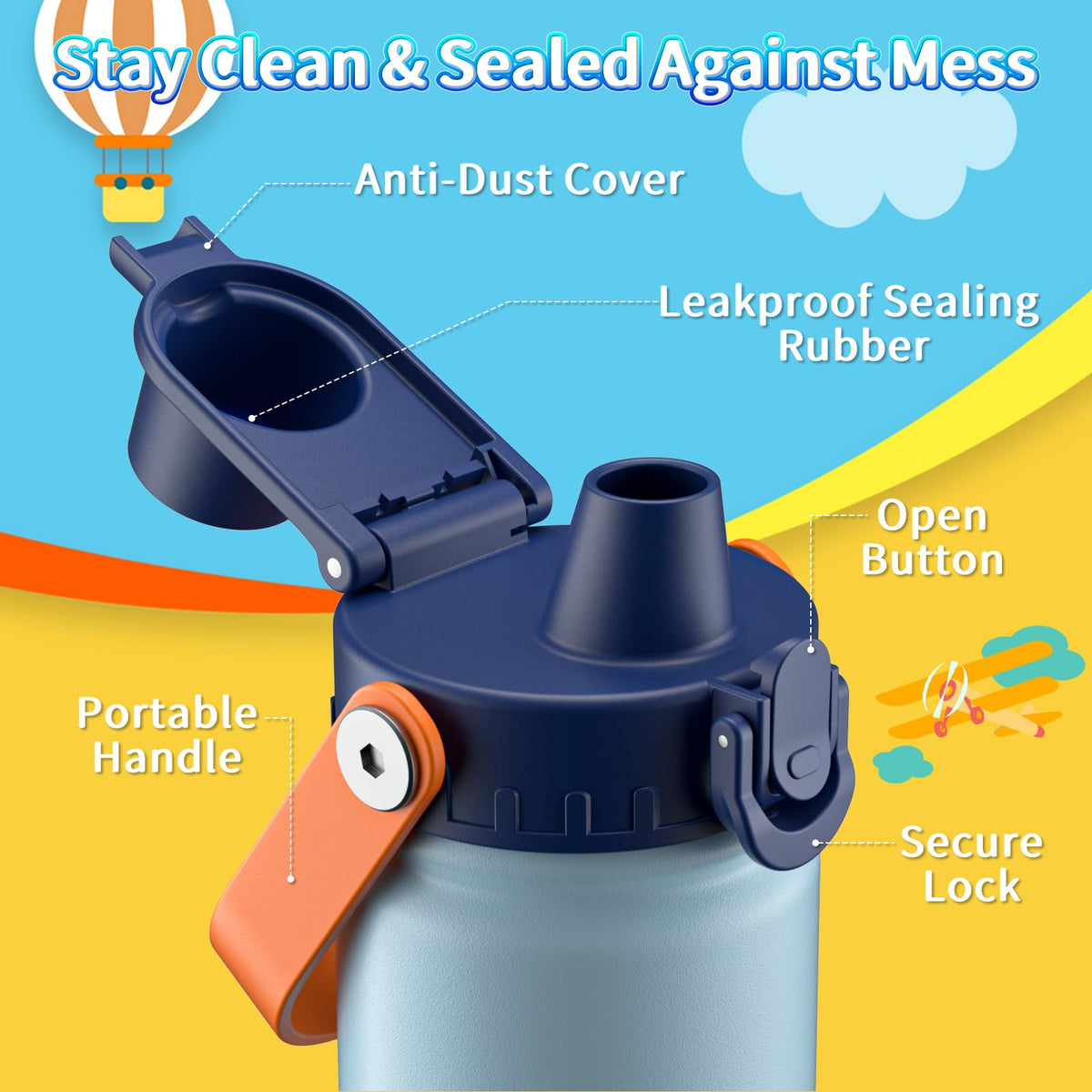 baab 18oz kids bottle features dust-proof lid for clean sips.