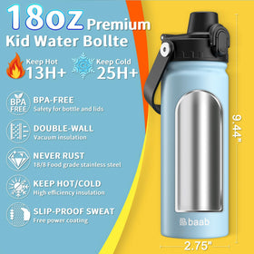 baab 18oz kids bottle with light blue accents supports easy identification