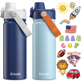 baab 18oz kids water bottle with lockable spout lid prevents spills during school days.