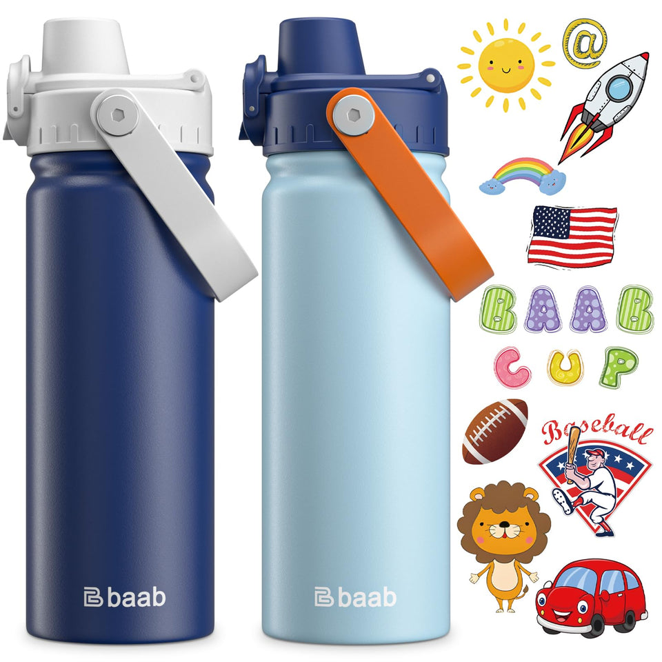 baab 18oz kids water bottle with lockable spout lid prevents spills during school days.
