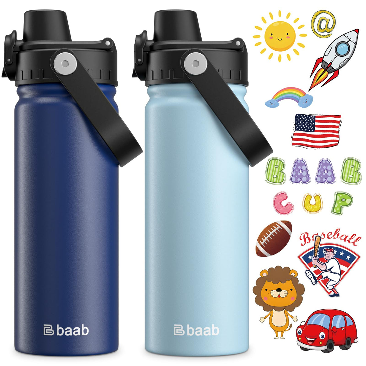 baab 18oz kids water bottle with navy spout lid, perfect for school hydration