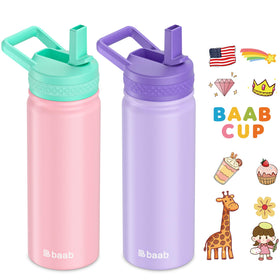 Baab 18oz kids water bottle in pink and purple pack for school hydration.