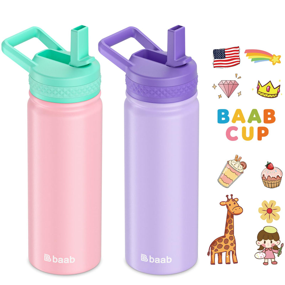 Baab 18oz kids water bottle in pink and purple pack for school hydration.