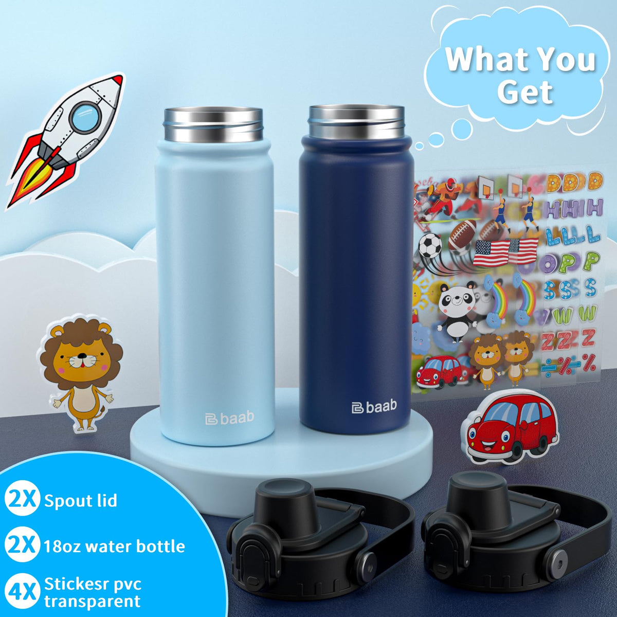 baab 18oz kids bottle ideal for school, travel, and sports