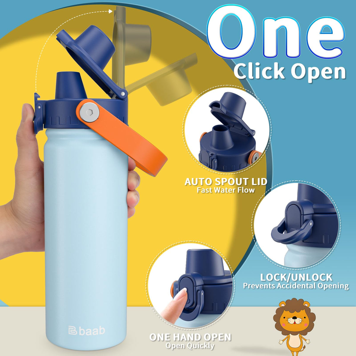 baab 18oz kids bottle with stickers for personalized hydration.