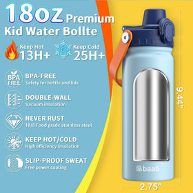 baab 18oz kids bottle with vacuum insulation keeps drinks cold for hours.