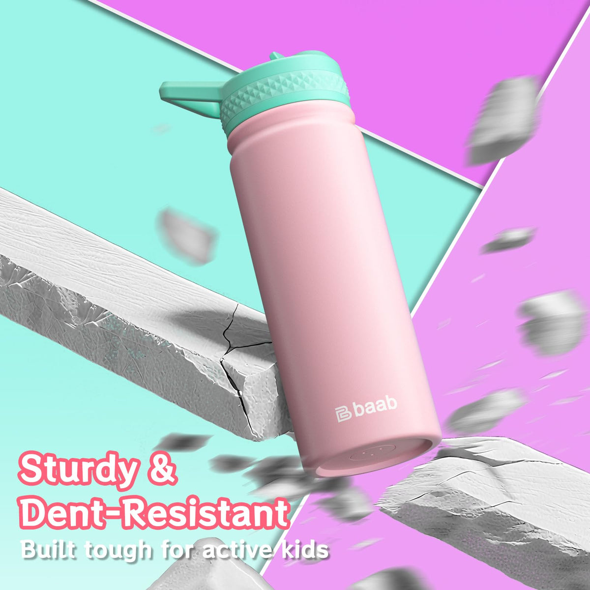 Baab durable dent-resistant bottle survives active kids daily adventures.