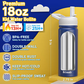 Baab kids water bottle leak-proof lid prevents spills in backpacks.