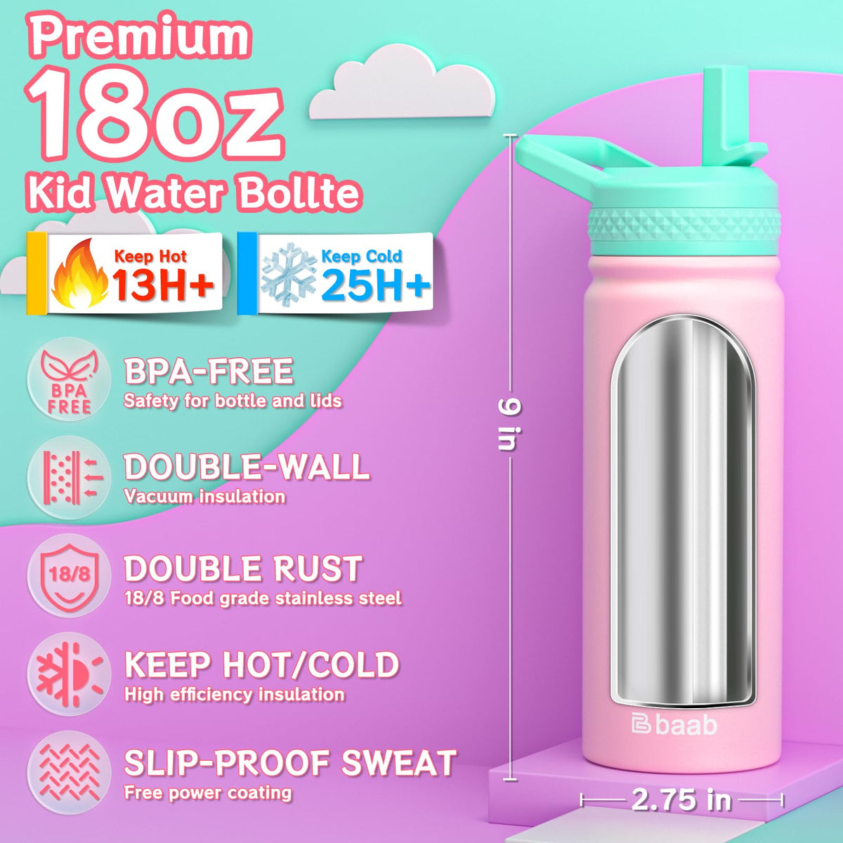 Baab kids water bottle straw lid for easy sipping on the go.