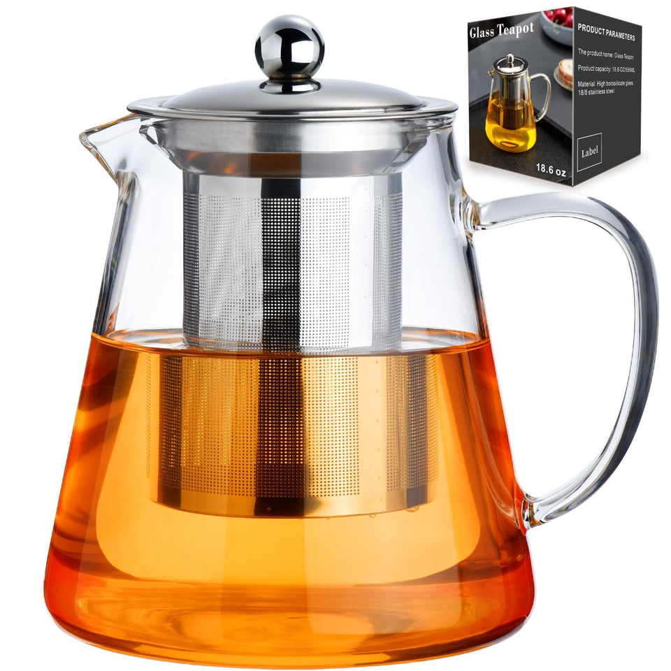 Baalaka glass teapot with removable infuser for loose leaf brewing.