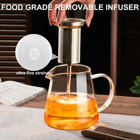 Baalaka glass teapot showing ergonomic handle for comfortable one handed pouring.