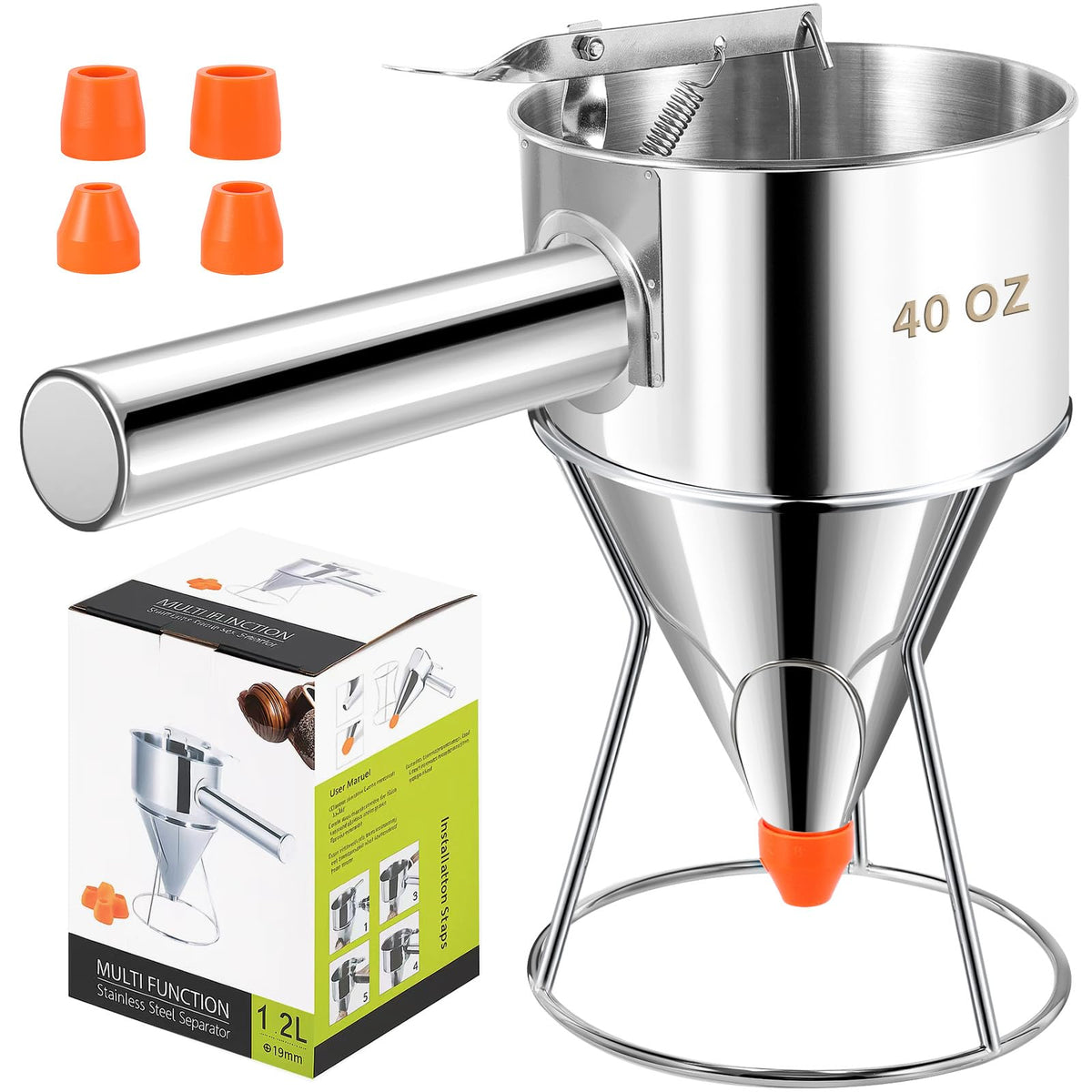 Babcarriery pancake batter dispenser with stand for clean, even pours.
