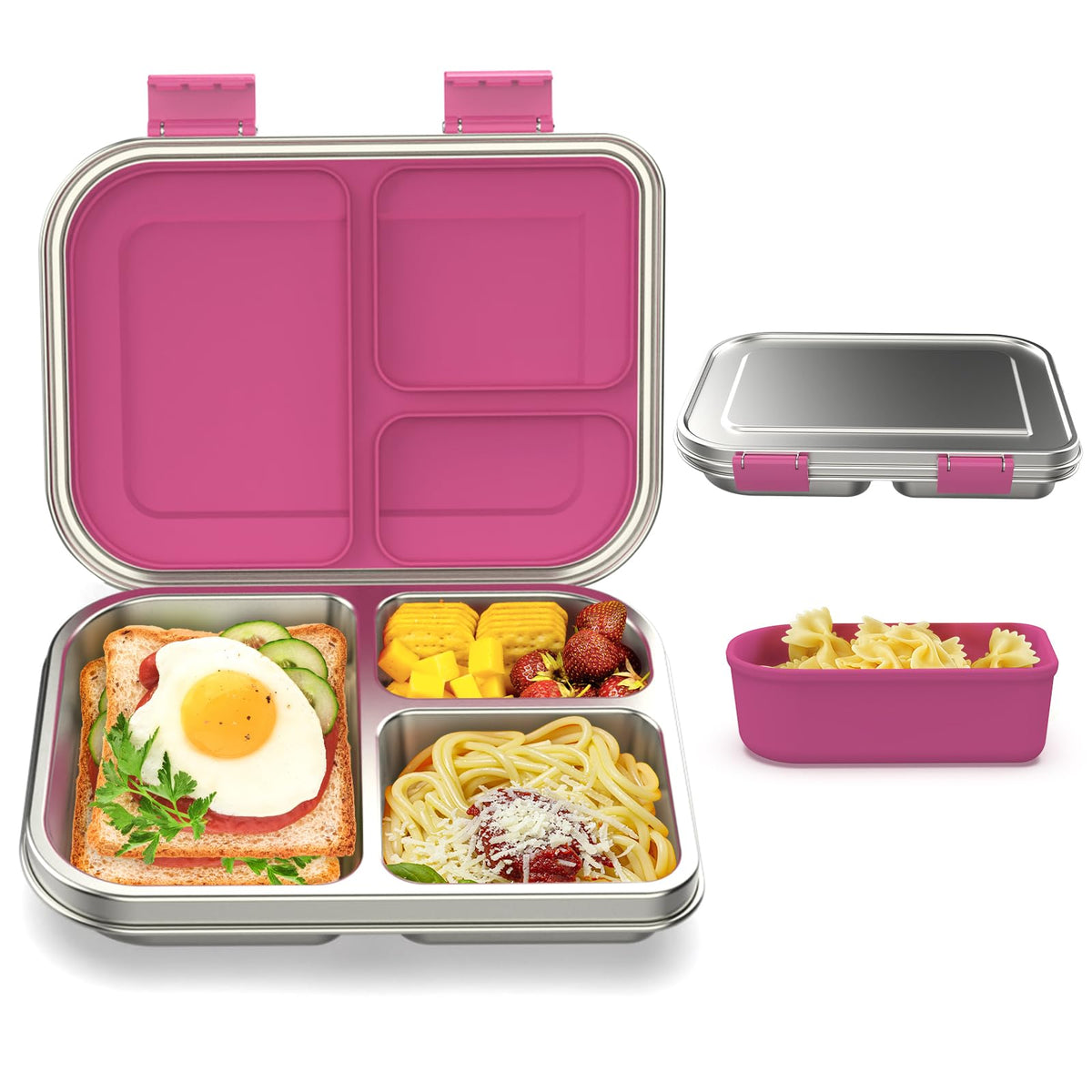 BABHAMNESS pink three-compartment bento box for organized school lunches.