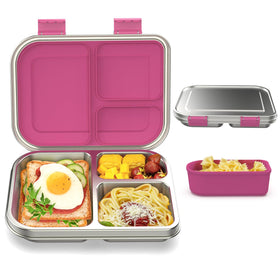 BABHAMNESS pink three-compartment bento box for organized school lunches.