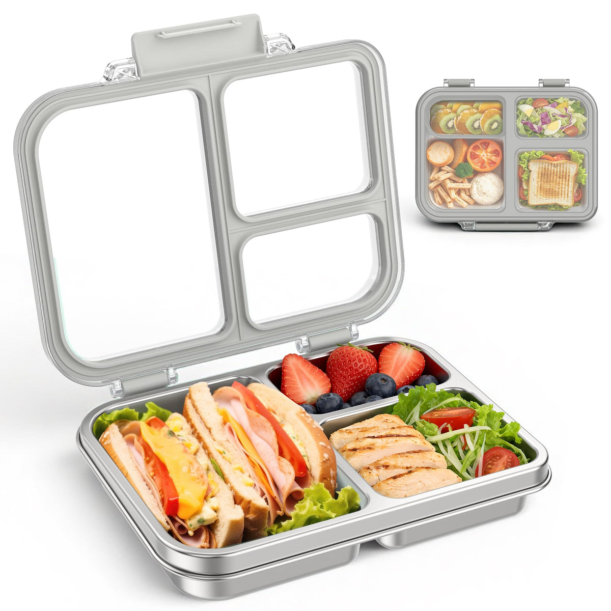 BABHAMNESS stainless steel bento box with grey lid, durable for daily school lunches.