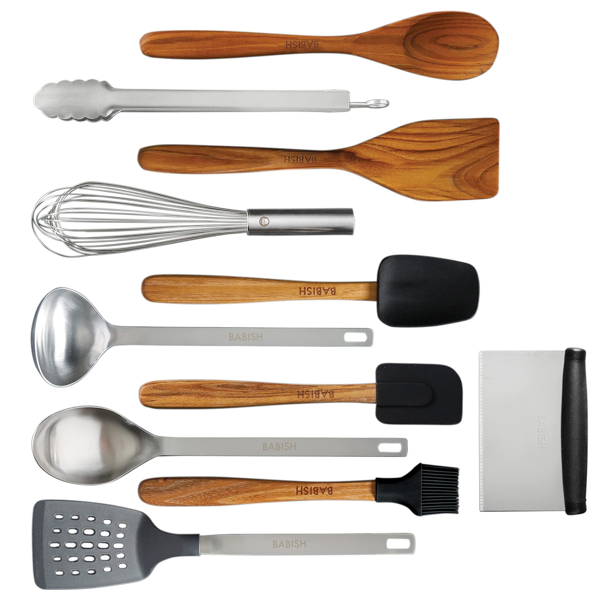 Babish 11-piece essential set featuring teak wood, silicone, and stainless tools for versatile cooking.