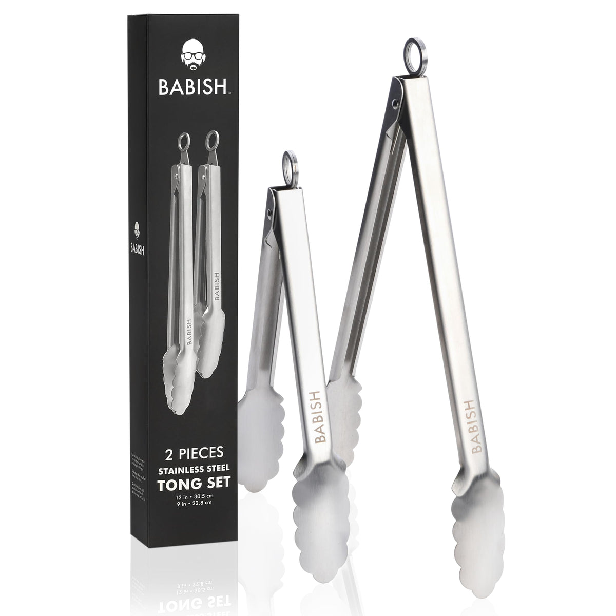 Babish 12-inch tong with locking mechanism for safe grilling and serving.