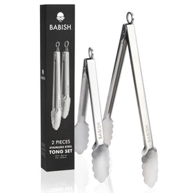 Babish 12-inch tong with locking mechanism for safe grilling and serving.