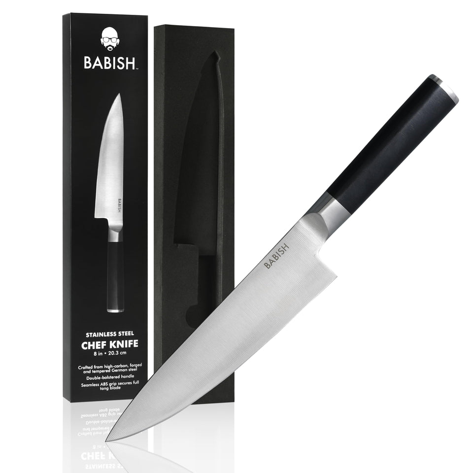 Babish 8-Inch Chef Knife blade close-up shows a sharp edge for precise cuts.
