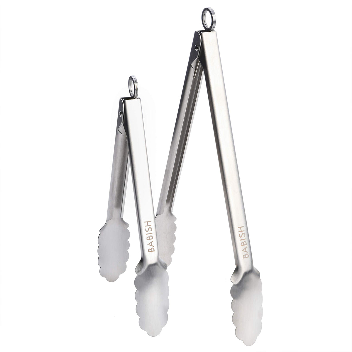Babish 9-inch tong featuring locking tab for compact storage and quick use.