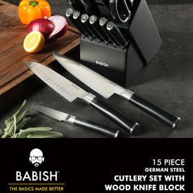 Babish eight-inch bread knife close-up for clean, crumb-free slicing.
