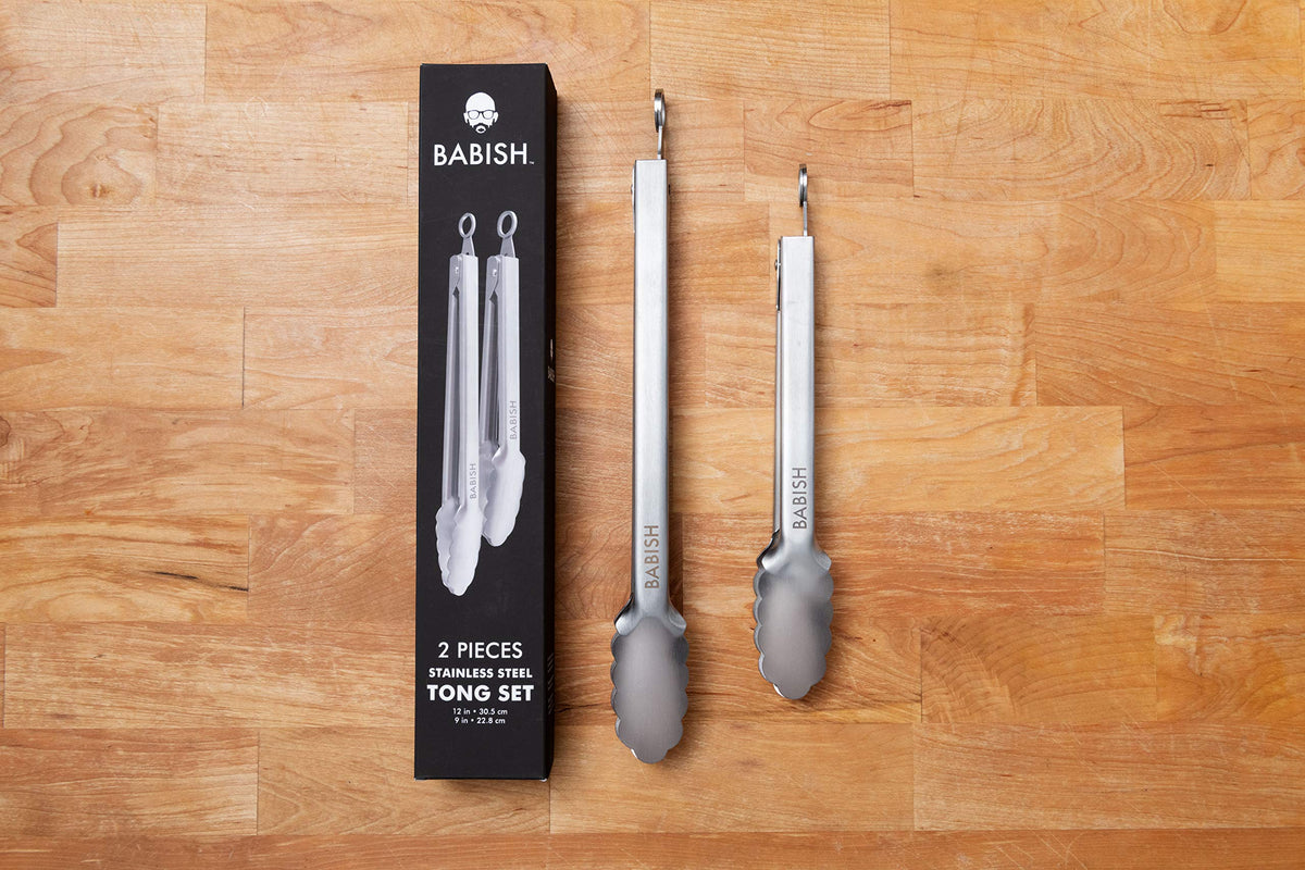 Babish brushed stainless steel tong for durable kitchen performance.