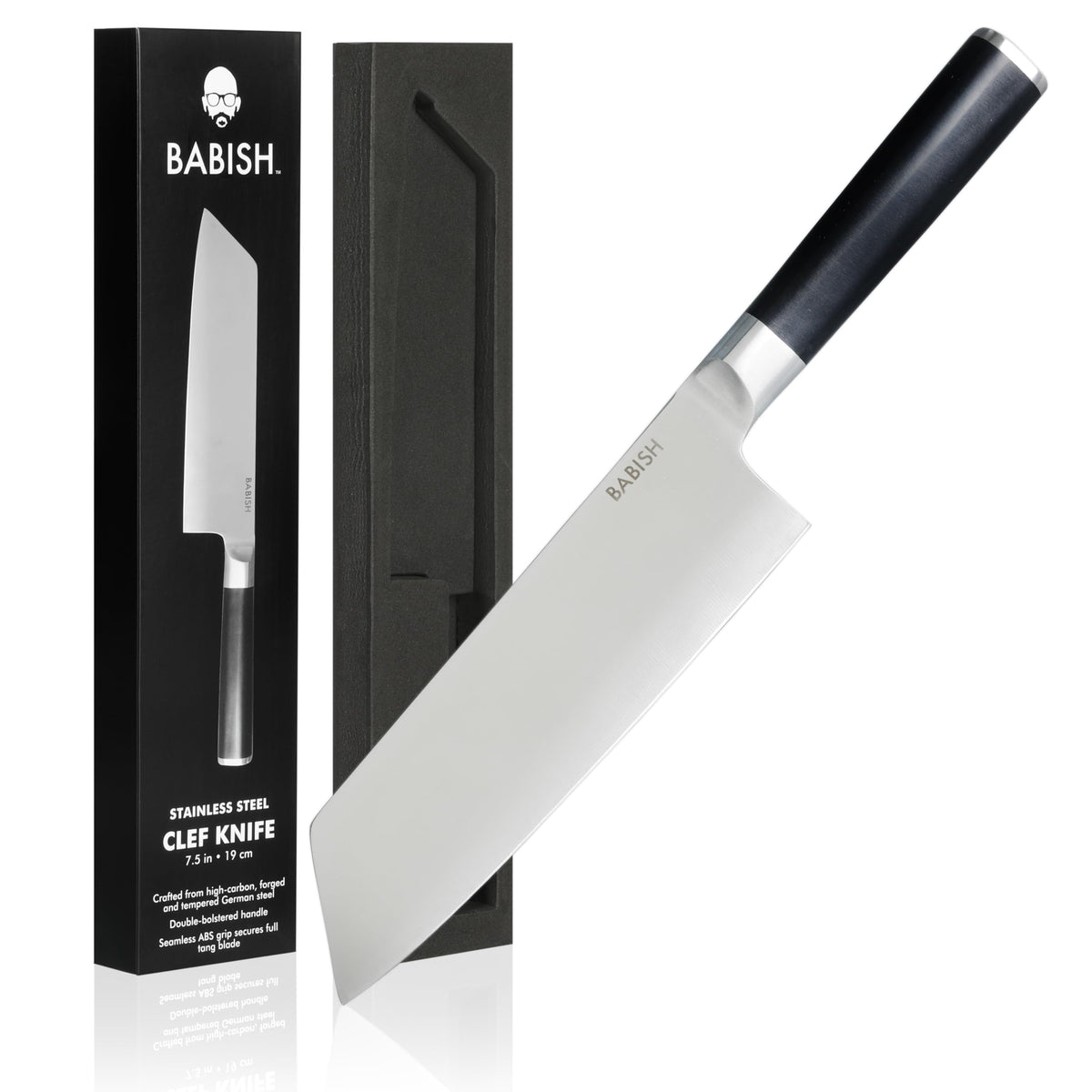 Babish Clef high-carbon blade closeup showing precision edge for precise slicing.