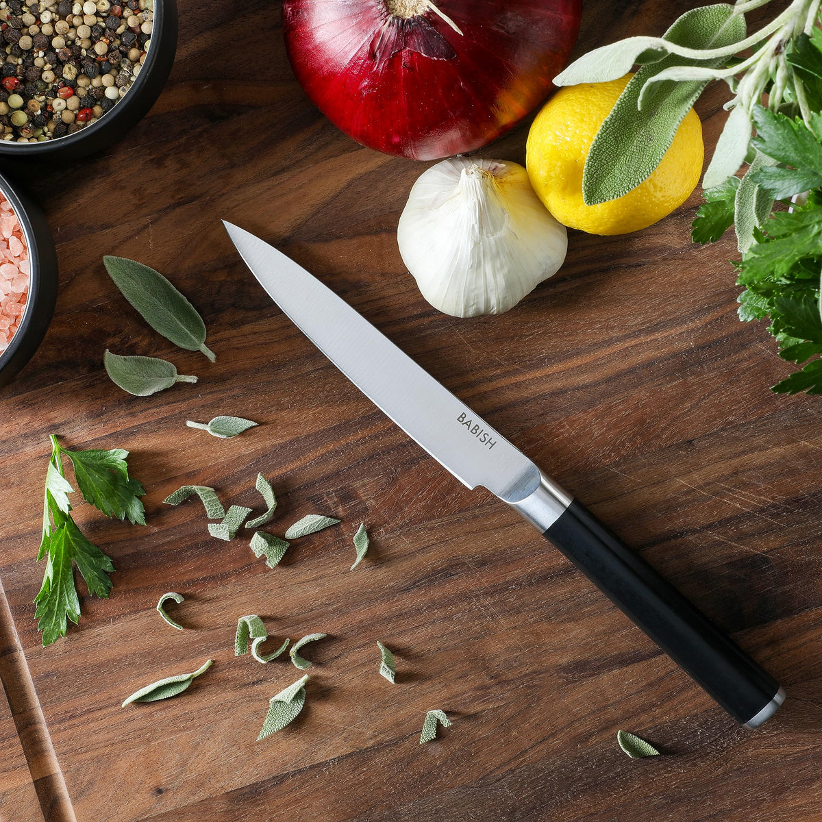 Babish knife featuring high-carbon 1.4116 steel for lasting edge.